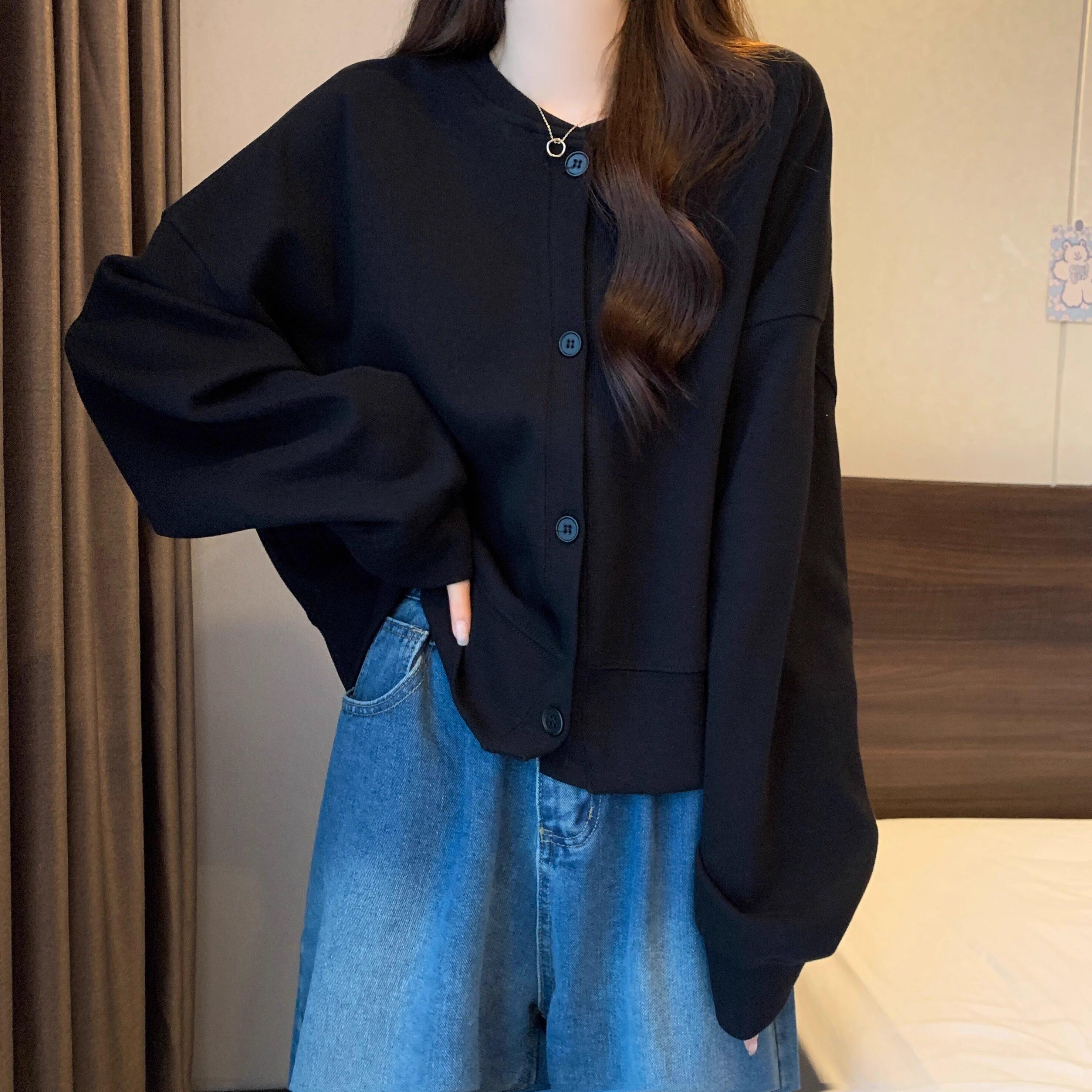 大码女装开衫卫衣女士外套2025春秋新款韩版遮肚显瘦黑色正肩上衣