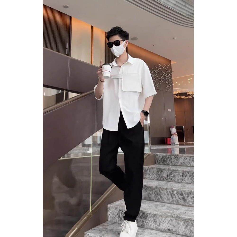 韩国Ultor白色短袖衬衫套装男士夏季休闲高端帅气衬衫和裤子套装