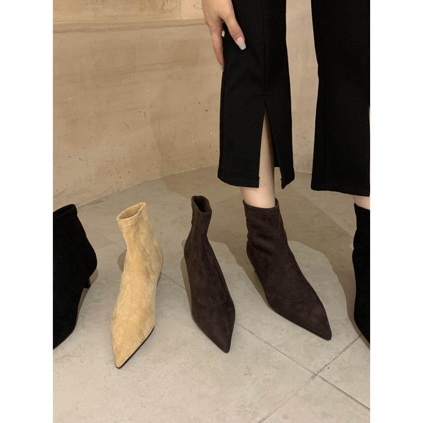 潮牌欧美风尖头拼接磨砂套筒显瘦细跟瘦瘦靴马丁靴短靴女秋冬新款