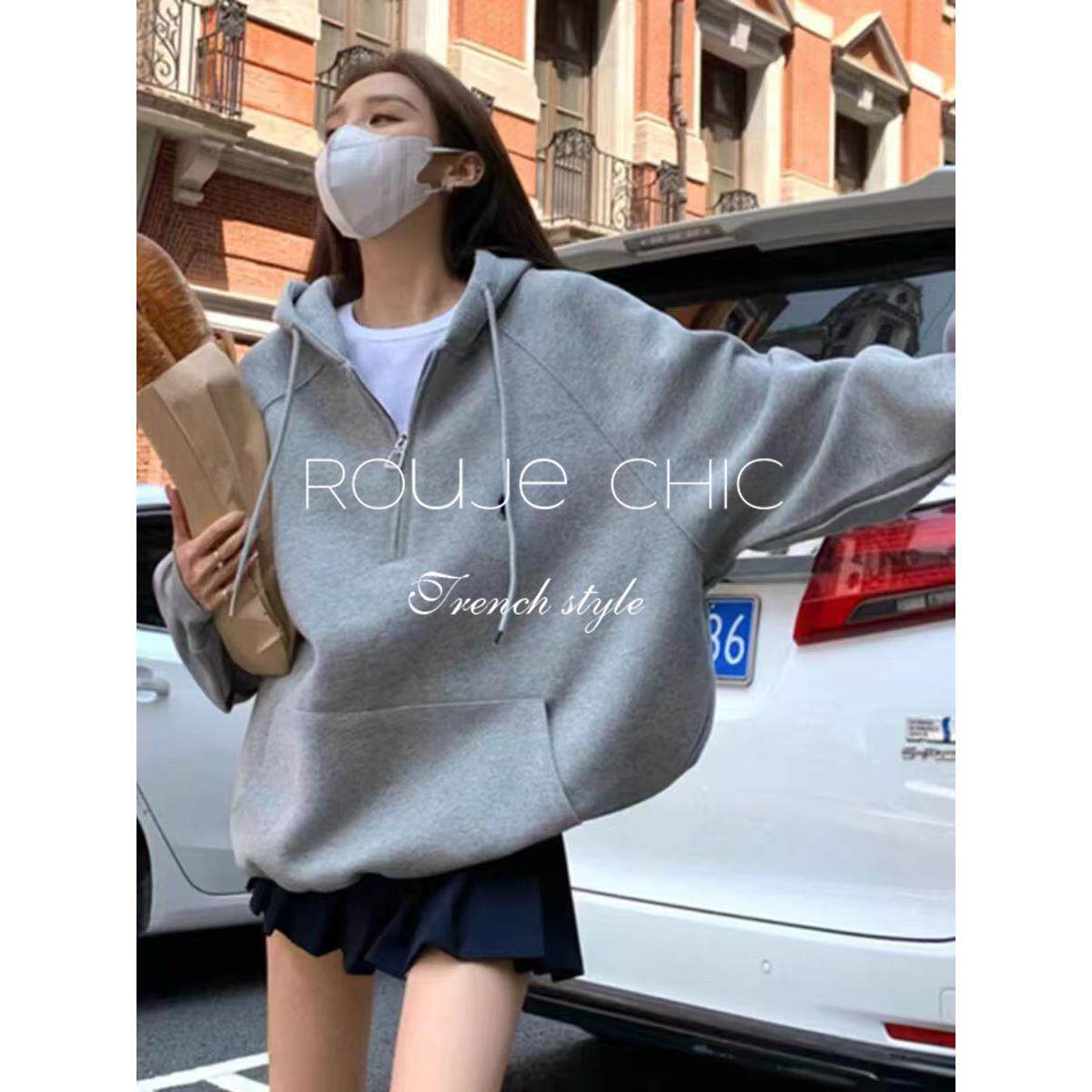 法国rouje chic法式灰色刺绣半拉炼加绒连帽卫衣女秋冬季宽松上衣