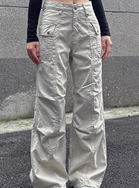 法国BERYDIA美式复古工装裤女直筒做旧褶皱牛仔辣妹休闲裤子男