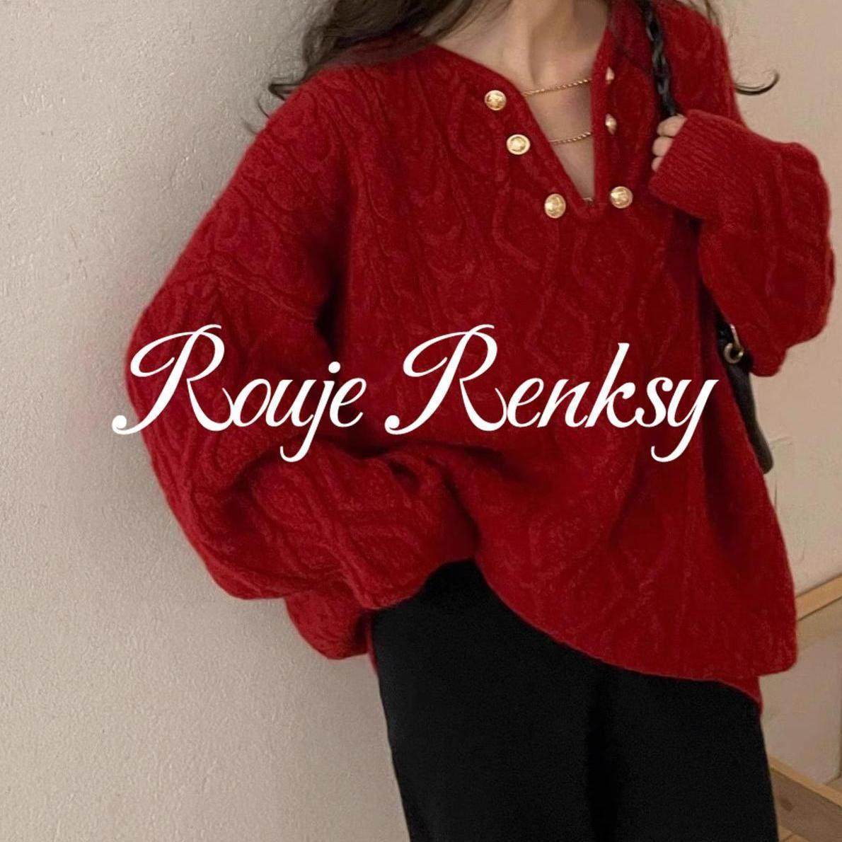 法国rouje renksy法式红色V领链条麻花针织衫女秋冬宽松软糯毛衣,女装/女士精品,大码内搭,淘宝优惠券,粉丝福利购,淘宝优惠卷