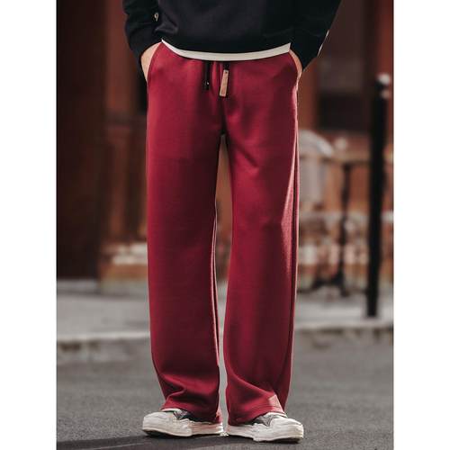 it Afternnaths潮牌！酒红色卫裤男士宽松直筒阔腿休闲运动裤秋季
