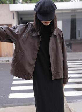 Mere Kore咖色美拉德皮衣外套女复古短款机车pu皮夹克上衣小个子