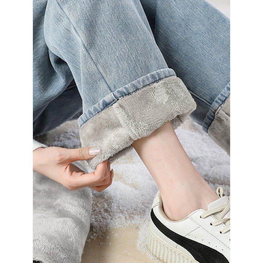 加绒加厚直筒保暖牛仔裤女2025秋冬新款宽松高腰显瘦阔腿裤女深蓝