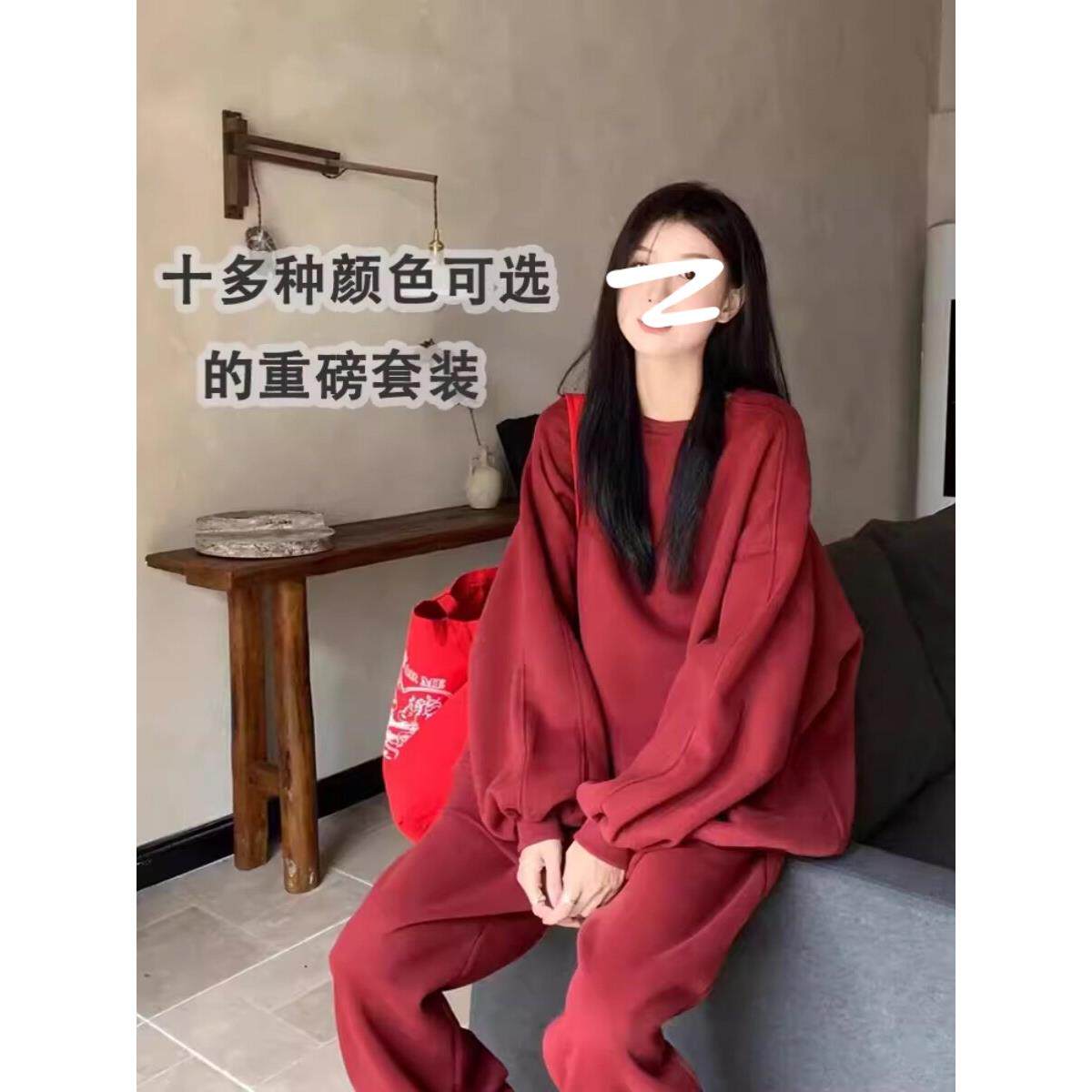 欧洲站时尚休闲运动套装女2025年春秋冬季新款加绒长袖卫衣两件套