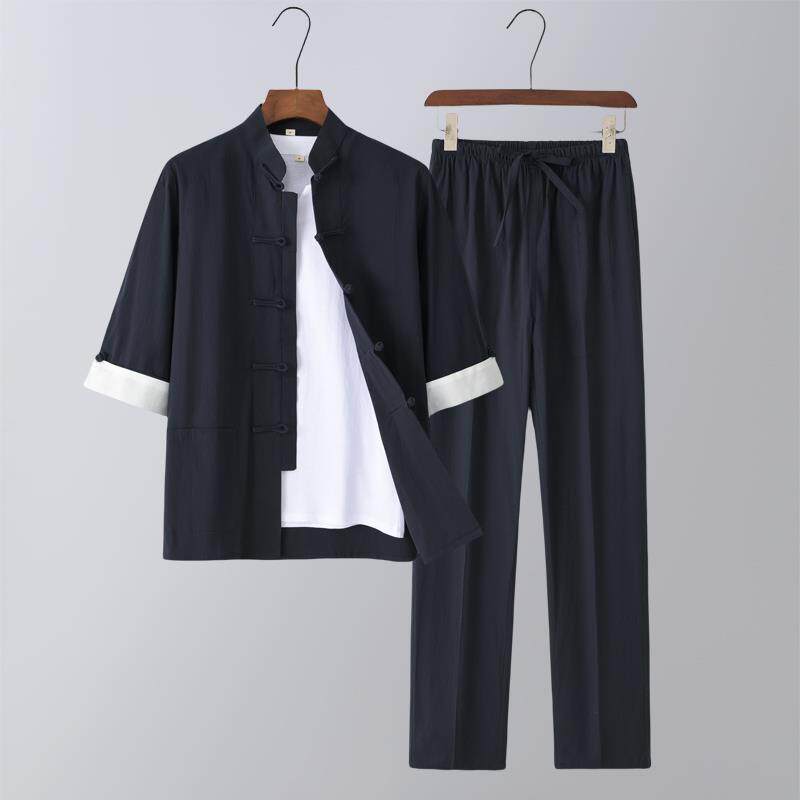 唐装男七分袖套装中式弹力纯棉中袖立领茶服盘扣复古太极服三件套