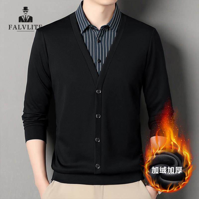 FALVLITE秋冬季新款加绒假两件POLO衫男休闲条纹加厚保暖长袖T恤