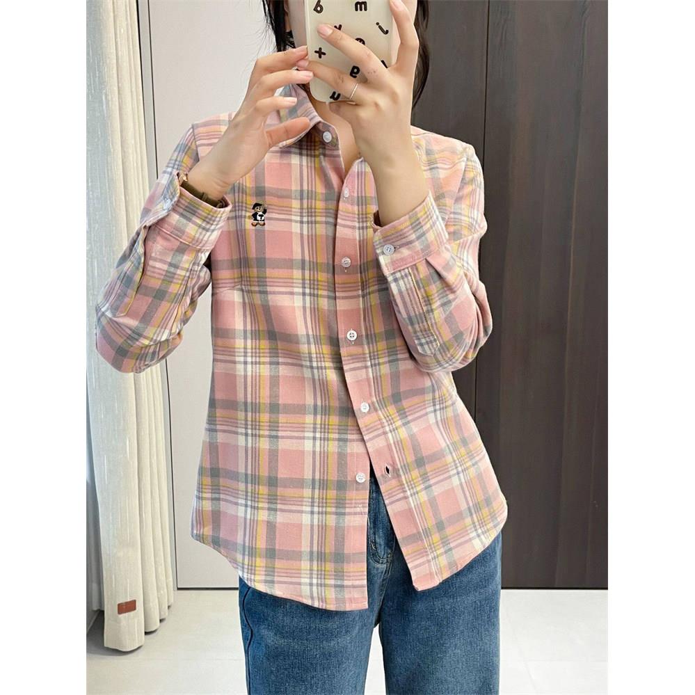 小熊刺绣磨毛格子衬衫女春秋季新款纯棉衬衣韩版百搭打底外搭上衣