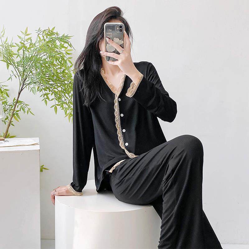 春花秋月何时瞭「Daily Gtra」春秋季蕾丝花边莫代尔长袖套装女