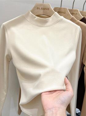 双面德绒半高领打底衫女加绒加厚保暖中领上衣内搭立领长袖T恤潮