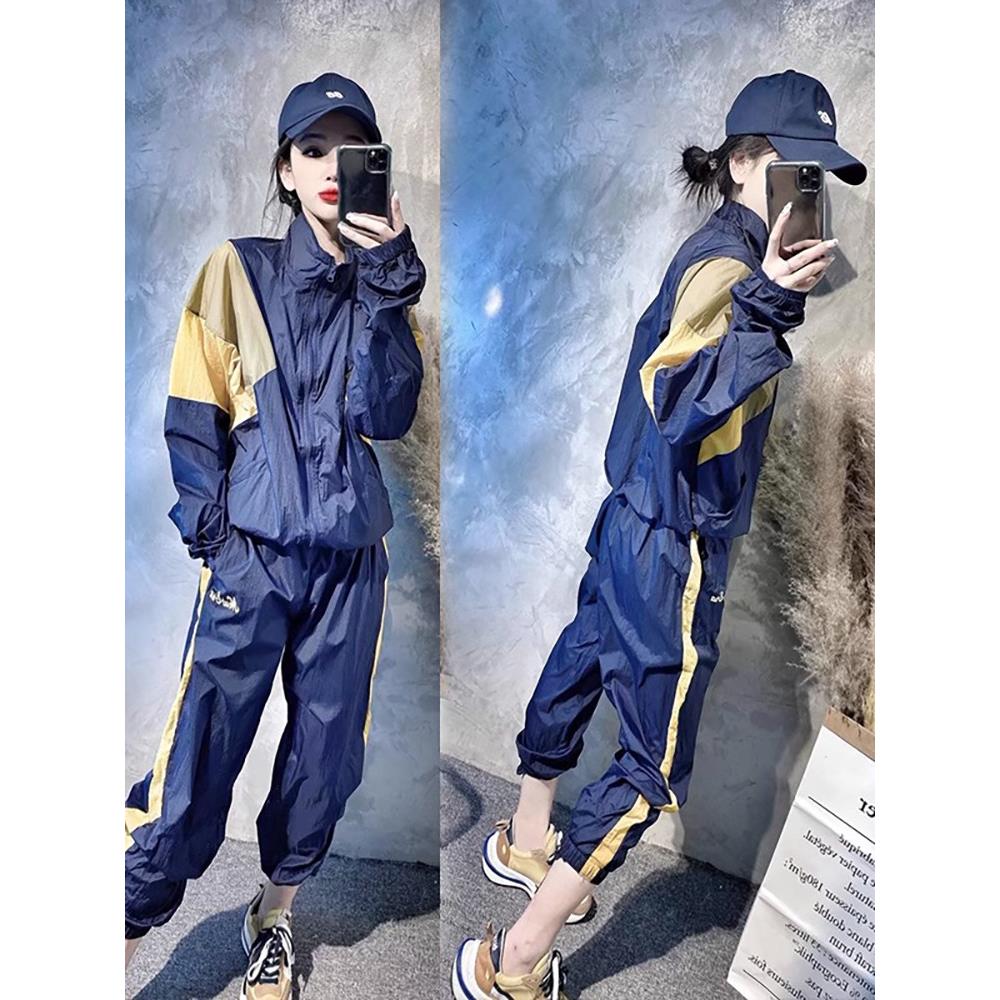 欧货时尚拼色防晒服运动套装女夏季休闲宽松拉链外套裤子两件套潮