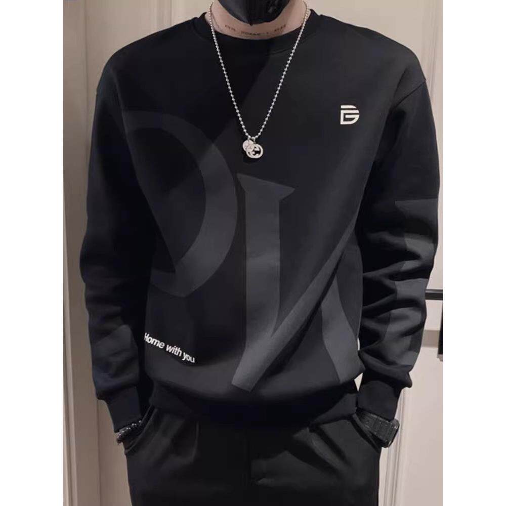 LL男装卫衣男长袖潮牌圆领2025新款春秋加绒t恤上衣潮流百搭时尚