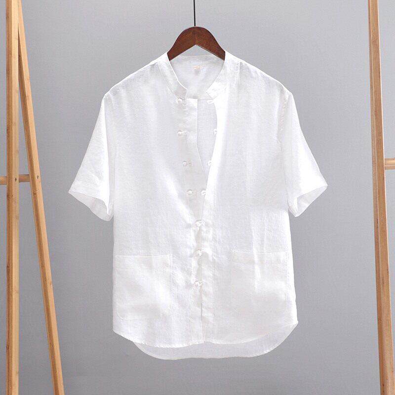 原棉部落 盘扣亚麻衬衫男立领复古中国风棉麻薄款男士短袖衬衫
