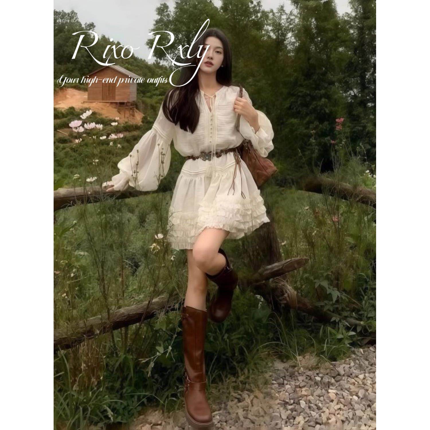 RIXO RXLY长袖灯笼袖连衣裙女春秋季收腰显瘦A字裙蕾丝衬衫短裙子