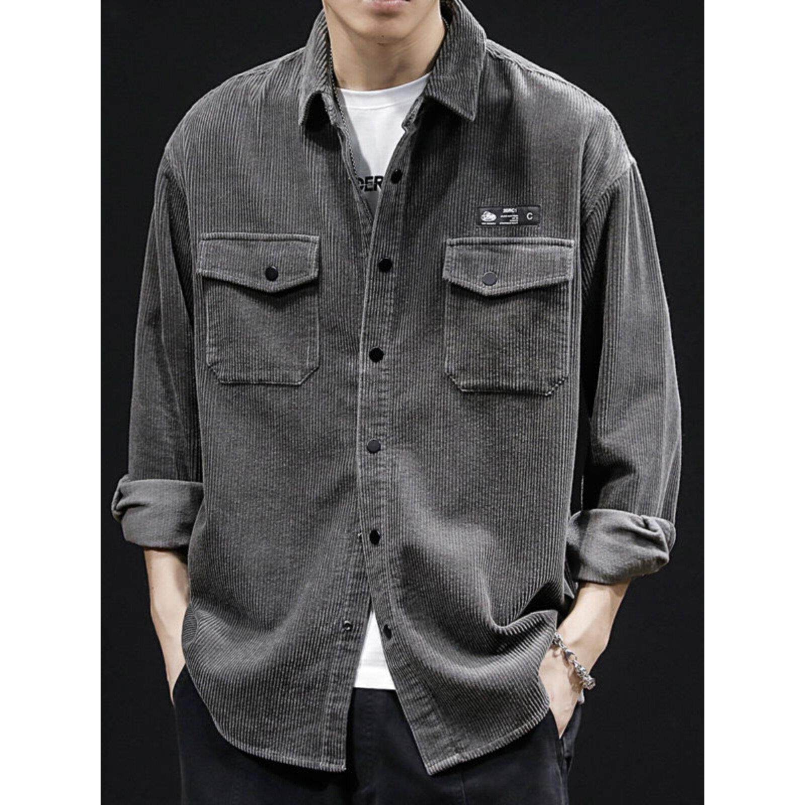 香港灯芯绒衬衫式夹克外套男长袖灰色加肥加大码宽松秋冬季粗条绒