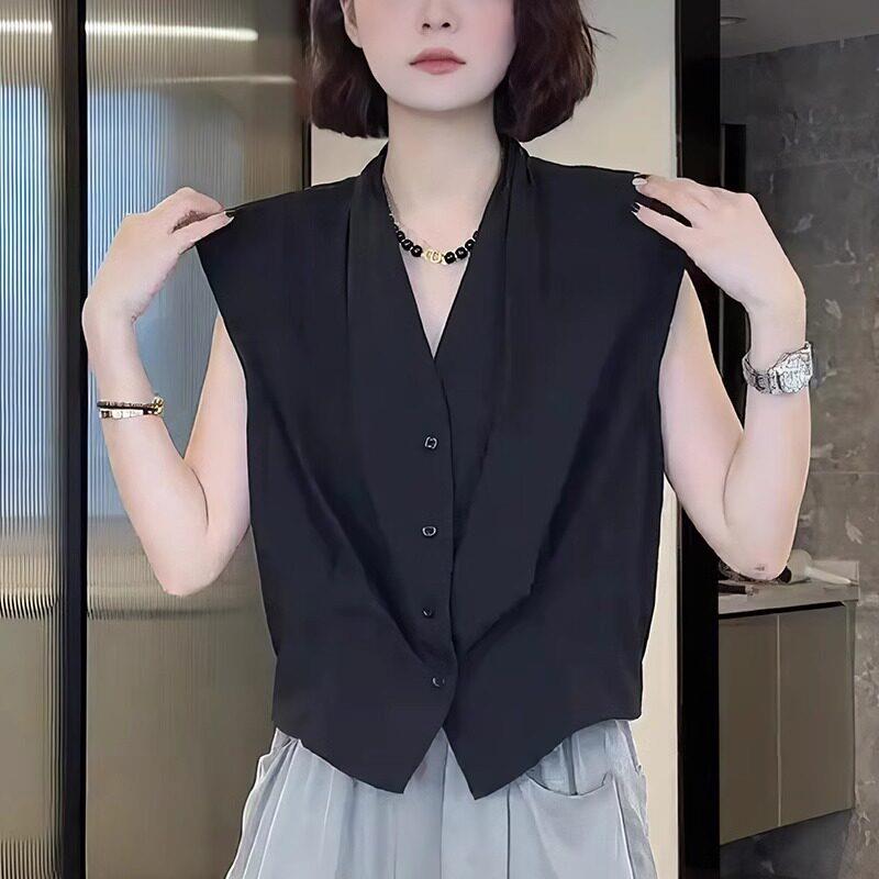 不规则黑色V领短袖衬衣女2026夏新款设计感气质通勤显瘦百搭上衣