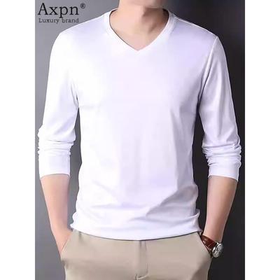 丝光纯棉长袖t恤男V领2025秋冬新款纯色简约内搭鸡心领打底体恤衫