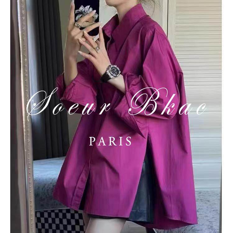 法国SOEUR BKAC法式高级感玫红色开叉衬衫女春季叠穿休闲衬衣百搭,女装/女士精品,大码内搭,淘宝优惠券,粉丝福利购,淘宝优惠卷
