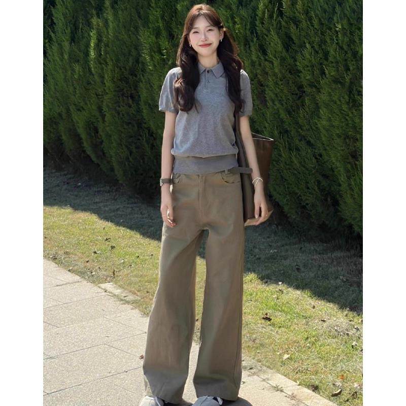英国DGKP卡其色窄版直筒牛仔裤女2025秋新款高级感高腰宽松阔腿裤