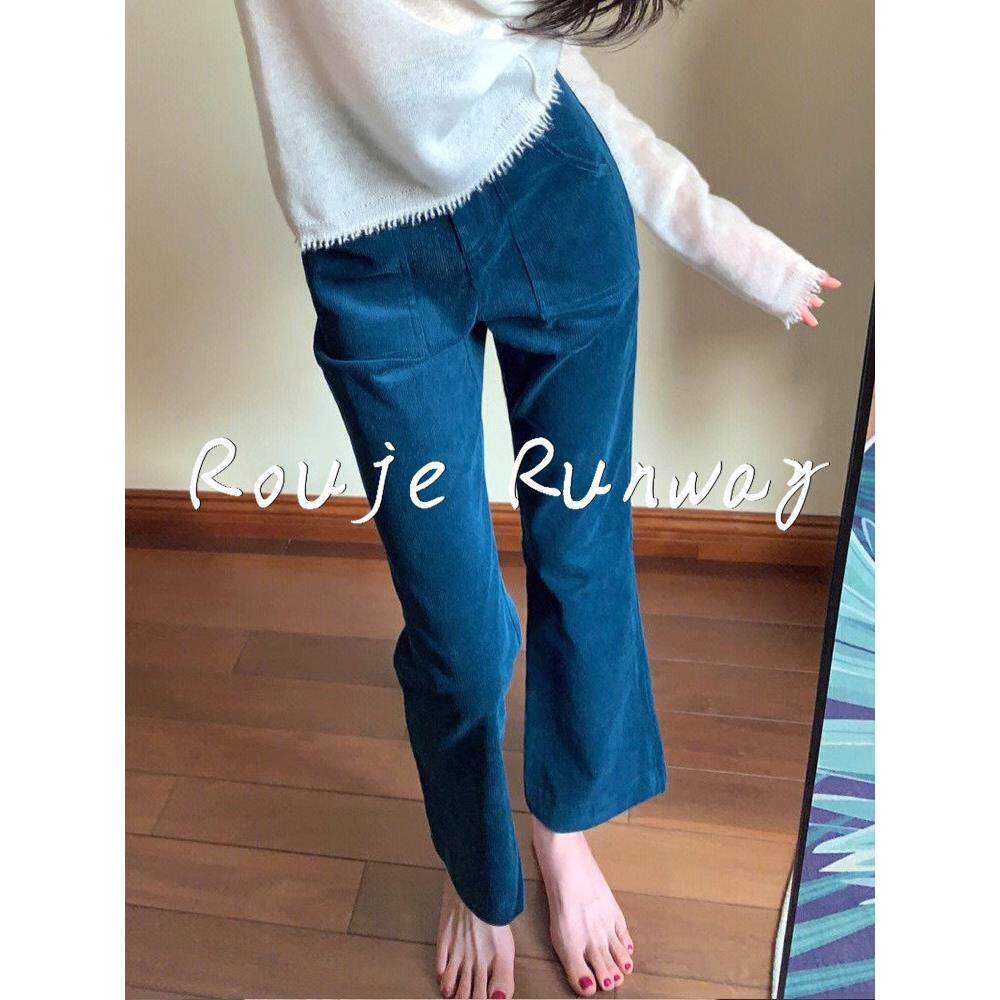 法式Rouje Runway秋冬深蓝色灯芯绒外穿慵懒小众直筒裤高腰裤子女