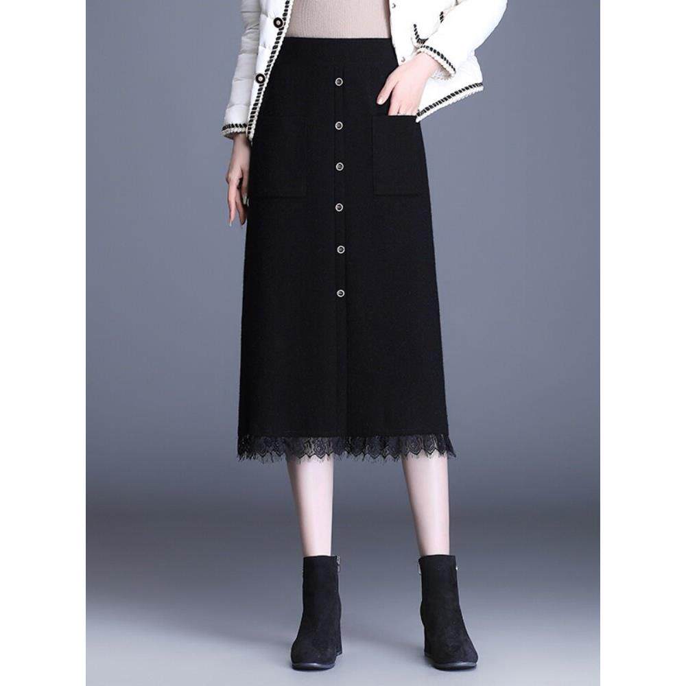 黑色羊毛针织半身裙女冬季2025新款高腰中长款蕾丝毛线一步包臀裙