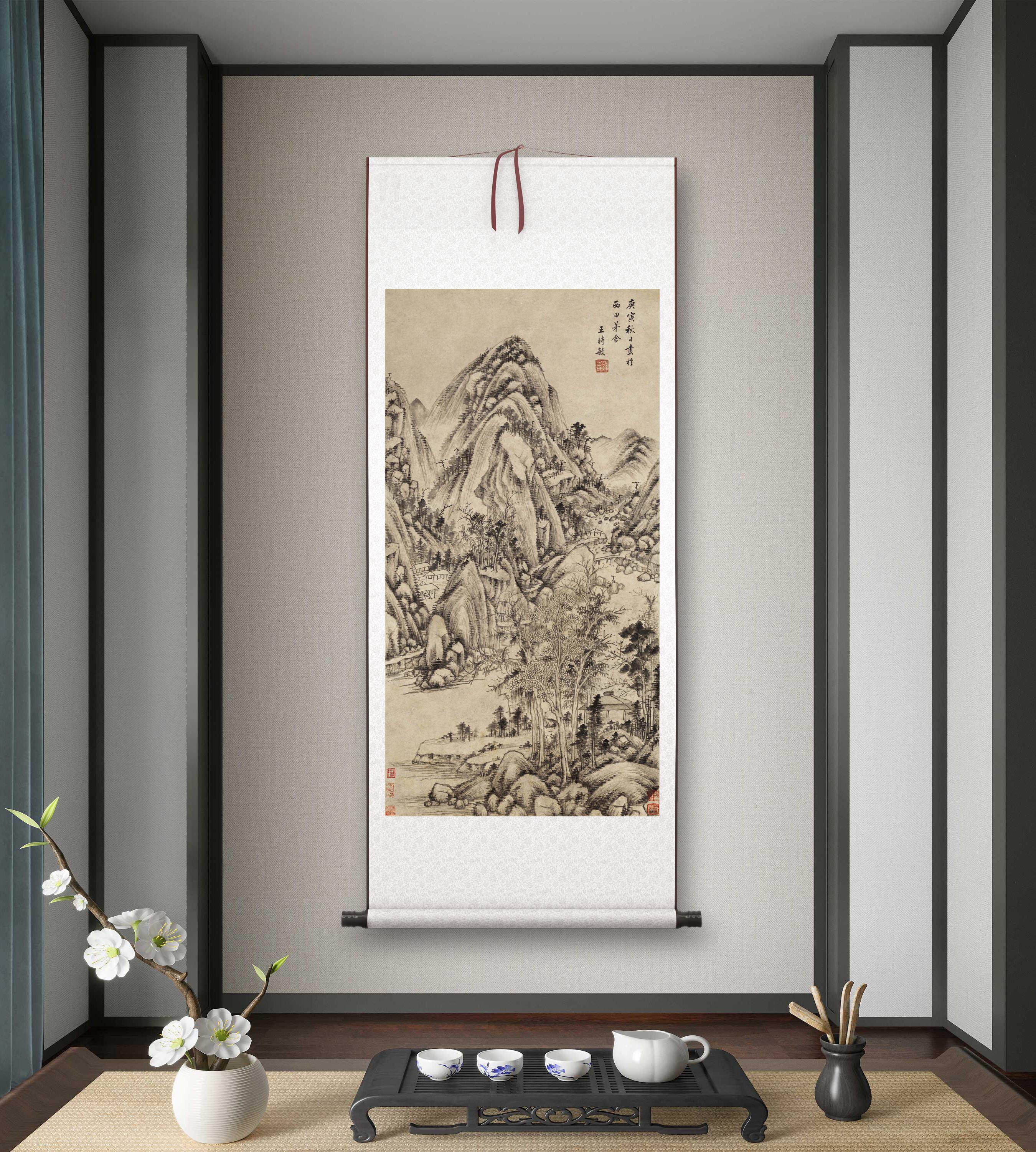 清王时敏《丛林曲调图》客厅书房茶室山水风景挂画装饰画高清卷轴