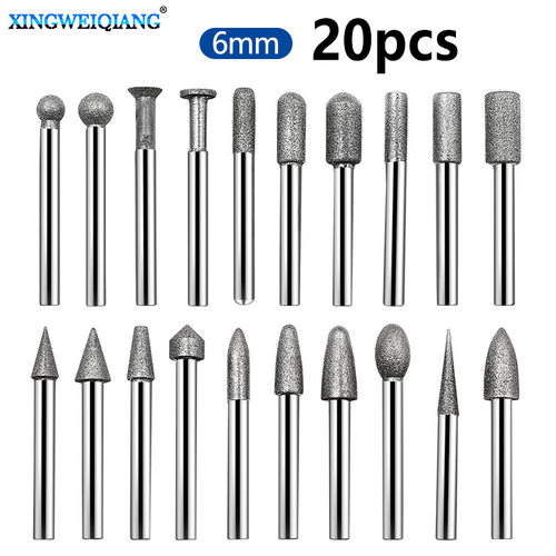 金刚石磨头20件套6mm柄玉石翡翠玻璃雕刻工具磨针金刚砂磨棒120目