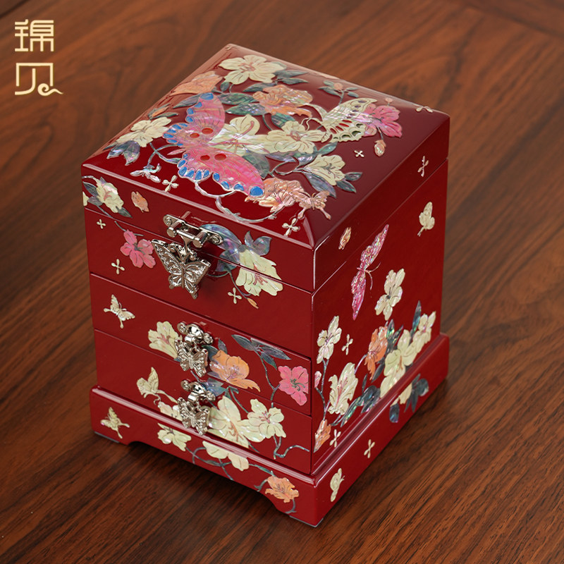 锦贝螺钿首饰盒木质多层收纳盒三金手链项链盒子生日礼品结婚礼物