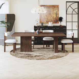 HERZZI全德利丰高端岩板餐桌家用黑胡桃木纹长方形下挂加厚饭桌子