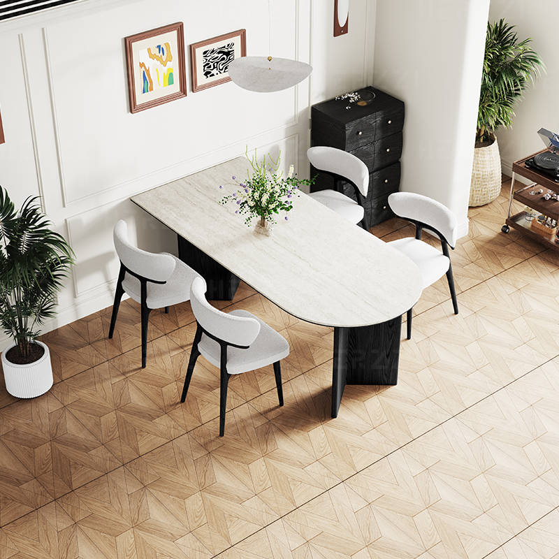 洞石岩板实木餐桌半圆形小户型