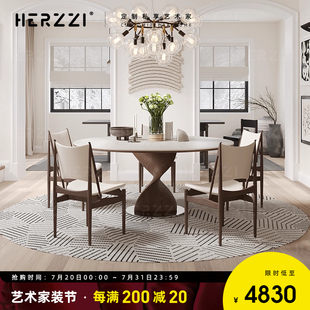 HERZZI大户型高端德利丰洞石岩板圆形实木餐桌家用大牌平替圆桌子
