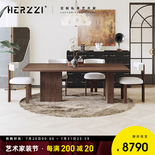 HERZZI全德利丰高端岩板餐桌家用黑胡桃木纹长方形下挂加厚饭桌子