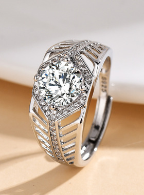 欧美设计鱼骨菱形碎钻环绕2克拉主钻男式婚戒情侣求婚订婚戒指男