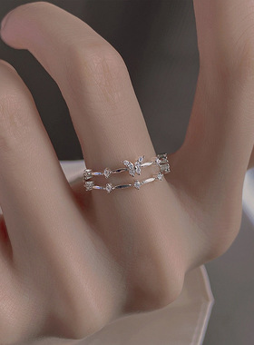 蝴蝶双层戒指女轻奢闪钻指环冷淡风开口戒子简约小众设计新款