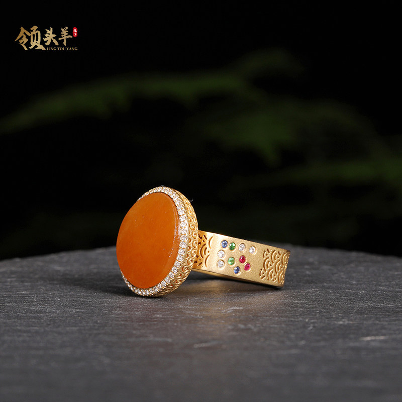 新疆和田玉18k金镶玉戒指精品籽料高级感圆面平安指环正品男戒圈