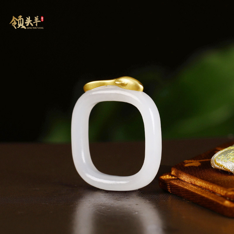 年年有余 新疆和田玉18k金玉男女士戒指精品金玉年年有余戒圈指环