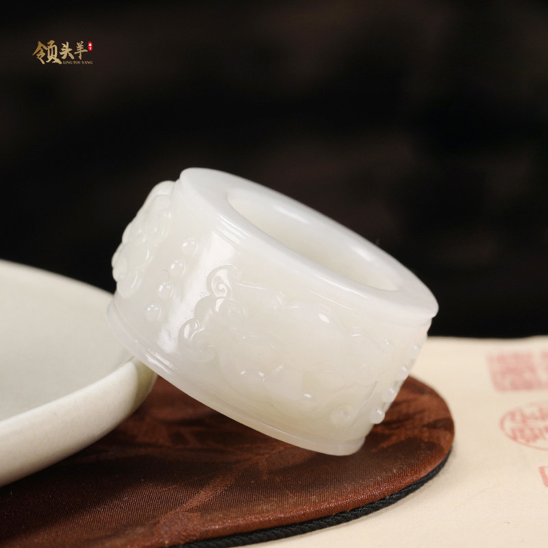 兽面扳指 新疆和田玉男士扳指老料羊脂白玉兽面指环 高级感带证书