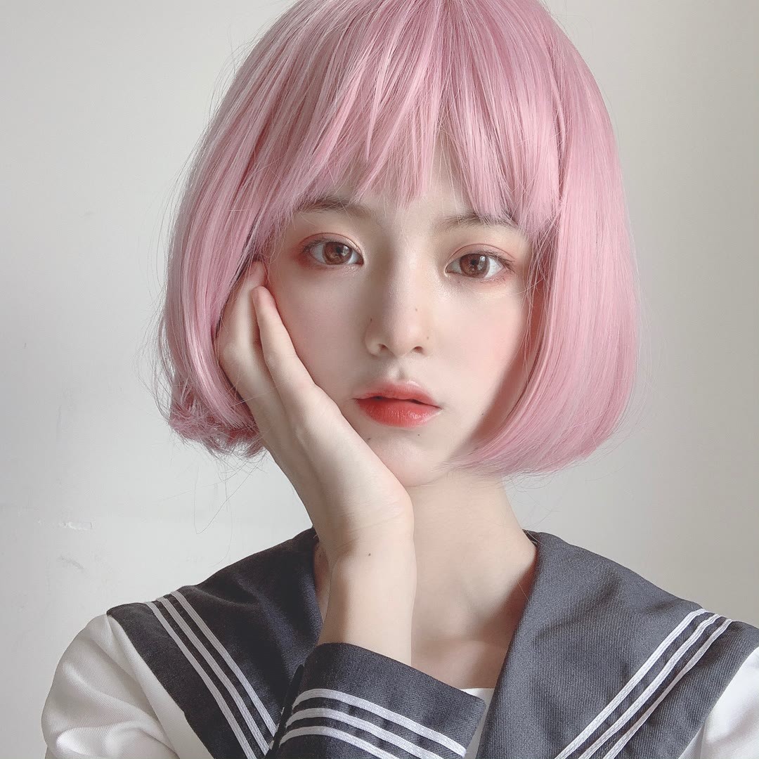 假发女短bobo波波头自然修脸粉色