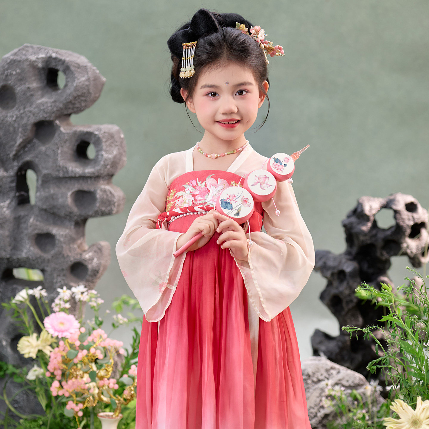 十三余童装[花神晓梦]春季刺绣渐变色刺绣齐胸对襟衫女童连衣裙