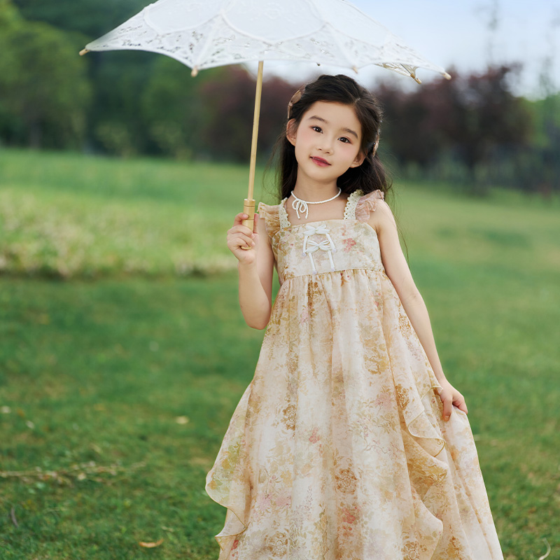 十三余童装[花洲归处]双色团花印花连衣裙女童夏季公主裙童装汉服