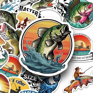 100张fish户外钓鱼佬贴纸卡通创意小众手账手机壳笔记本装 饰防水