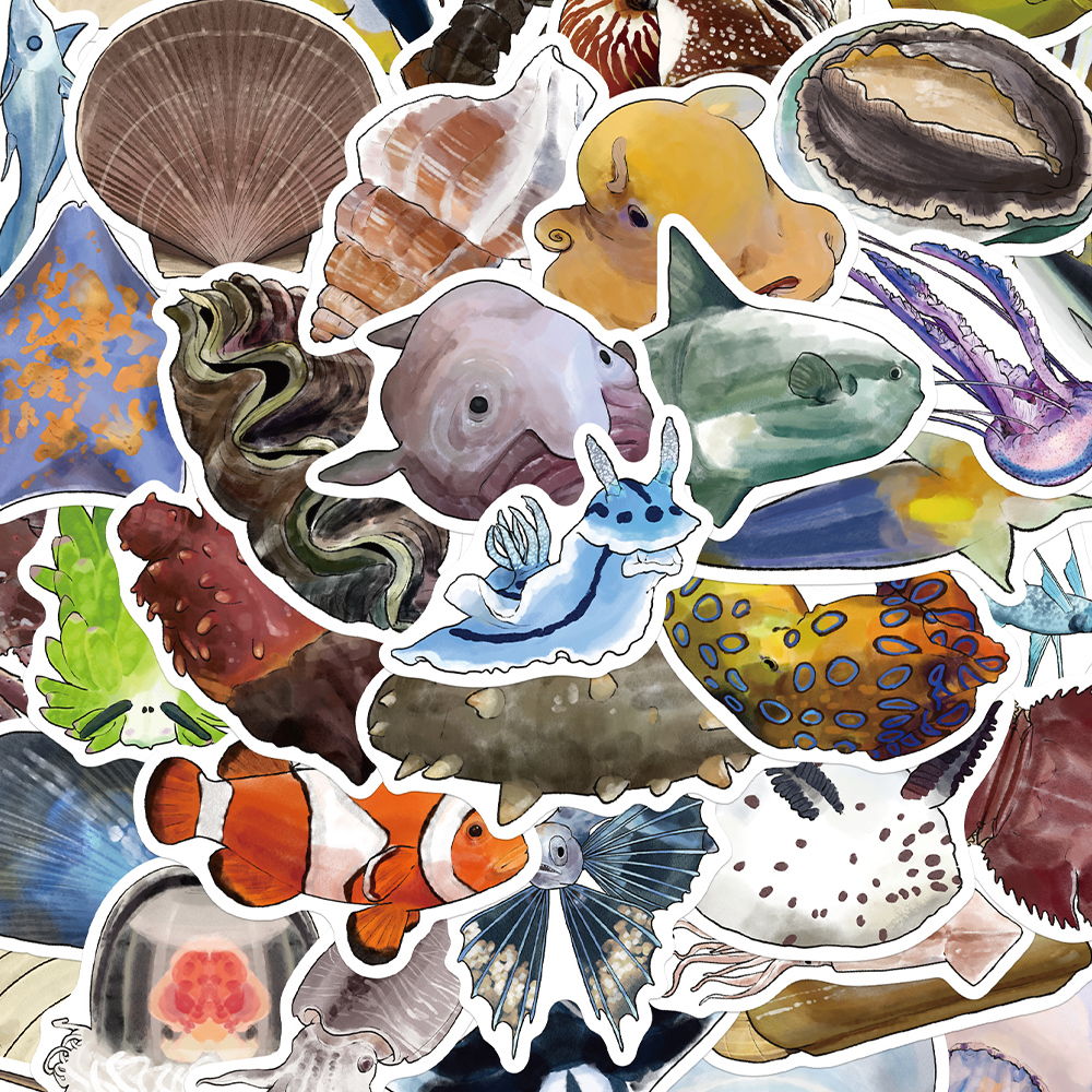100张深海生物贴纸趣味写实风儿童装饰手账桌面手机壳笔记本