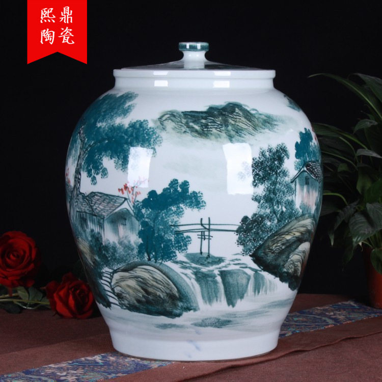 批发手绘五彩山水陶瓷米缸