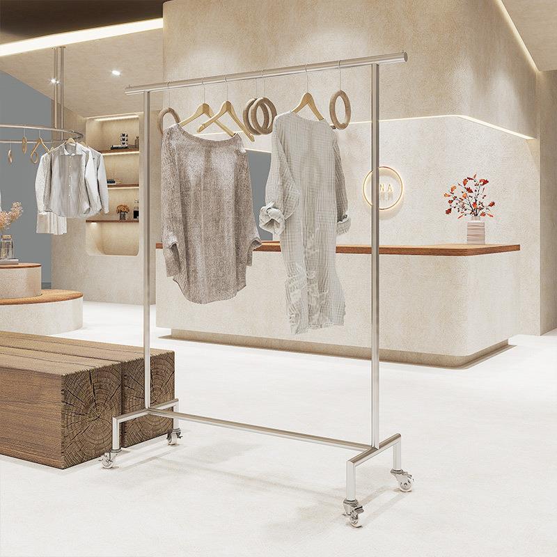 服装店展示网红挂衣架带轮子女装中岛直播落地式不锈钢拉丝货架子