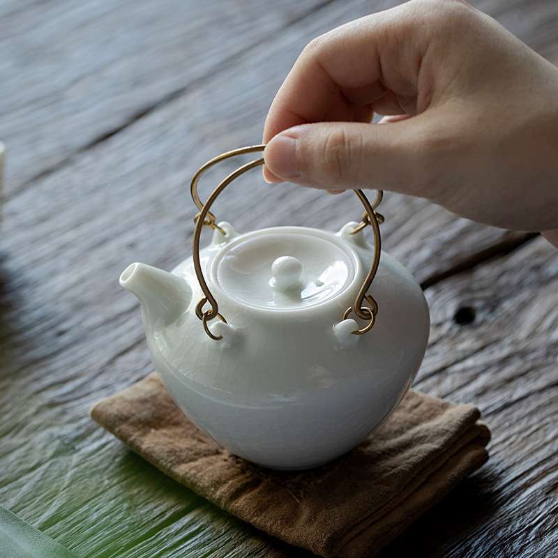 仿宋湖田窑纯手工日式铜提梁壶过滤泡茶壶家用陶瓷小茶壶开片青釉