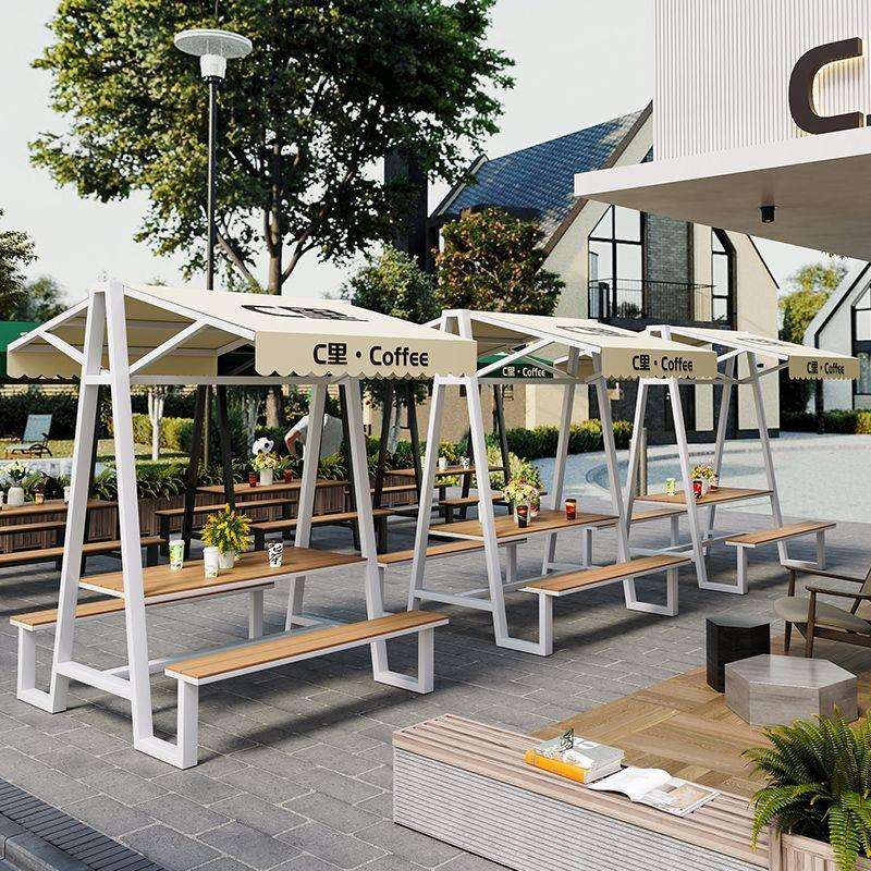 户外长条桌椅室外商业街户外庭院塑木一体桌奶茶店防晒露天连体桌