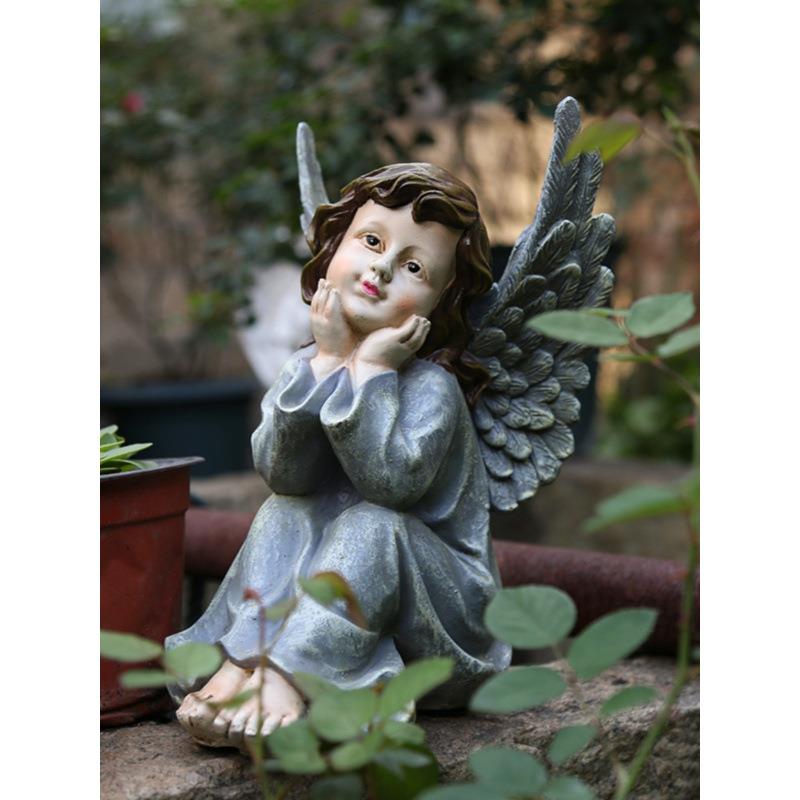 美式乡村复古树脂人物小天使雕塑摆件户外园艺花园装饰庭院摆件