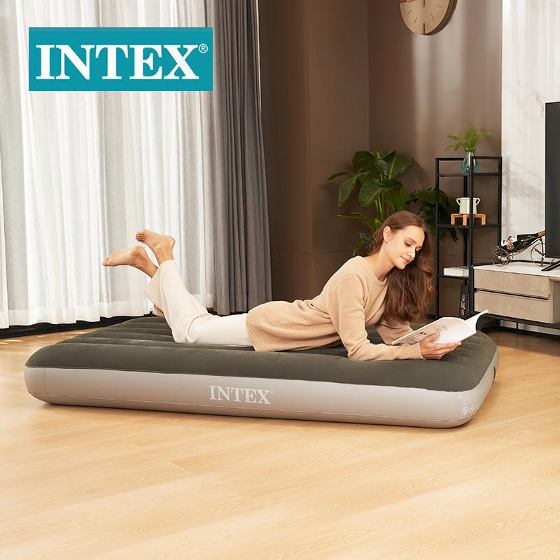 INTEX64107绿色单人植绒线拉空气床气垫床加厚充气床野营床