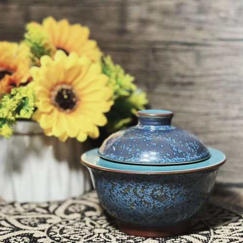 陶瓷烟灰缸窑变复古水缸创意中式带盖隔烟防尘办公桌茶桌摆件装饰